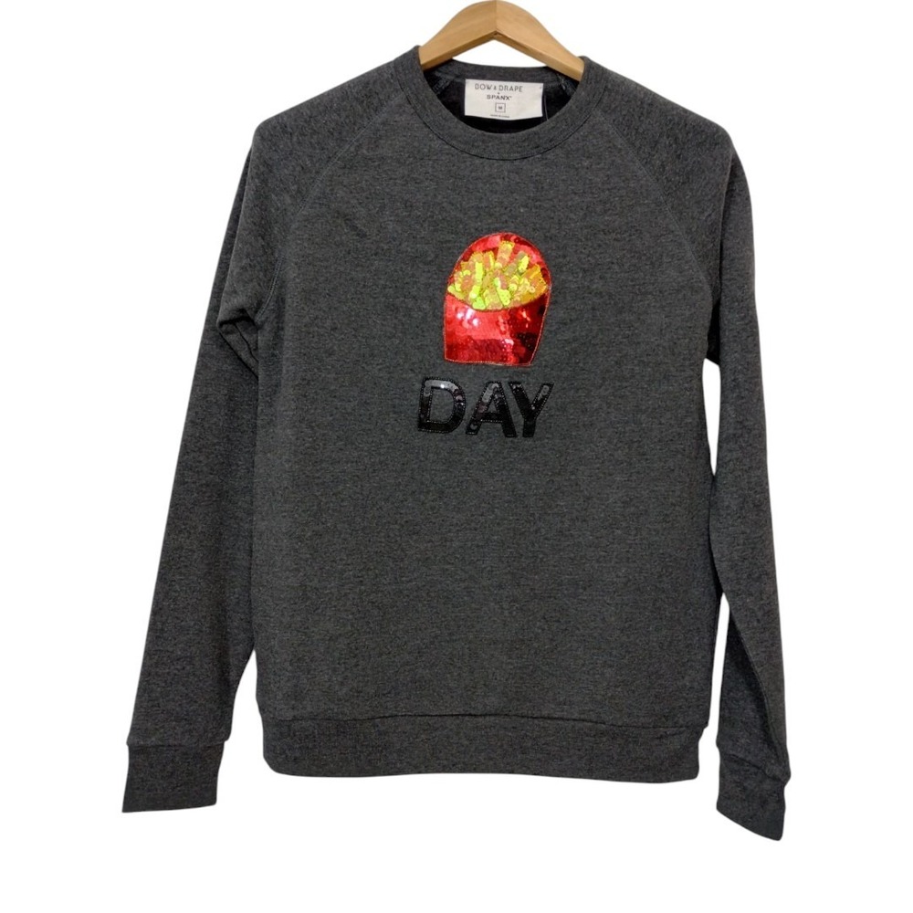 Bow &‎ Drape + Spanx Fry Day Sequin Crewneck Pullover Sweatshirt Gray Medium
